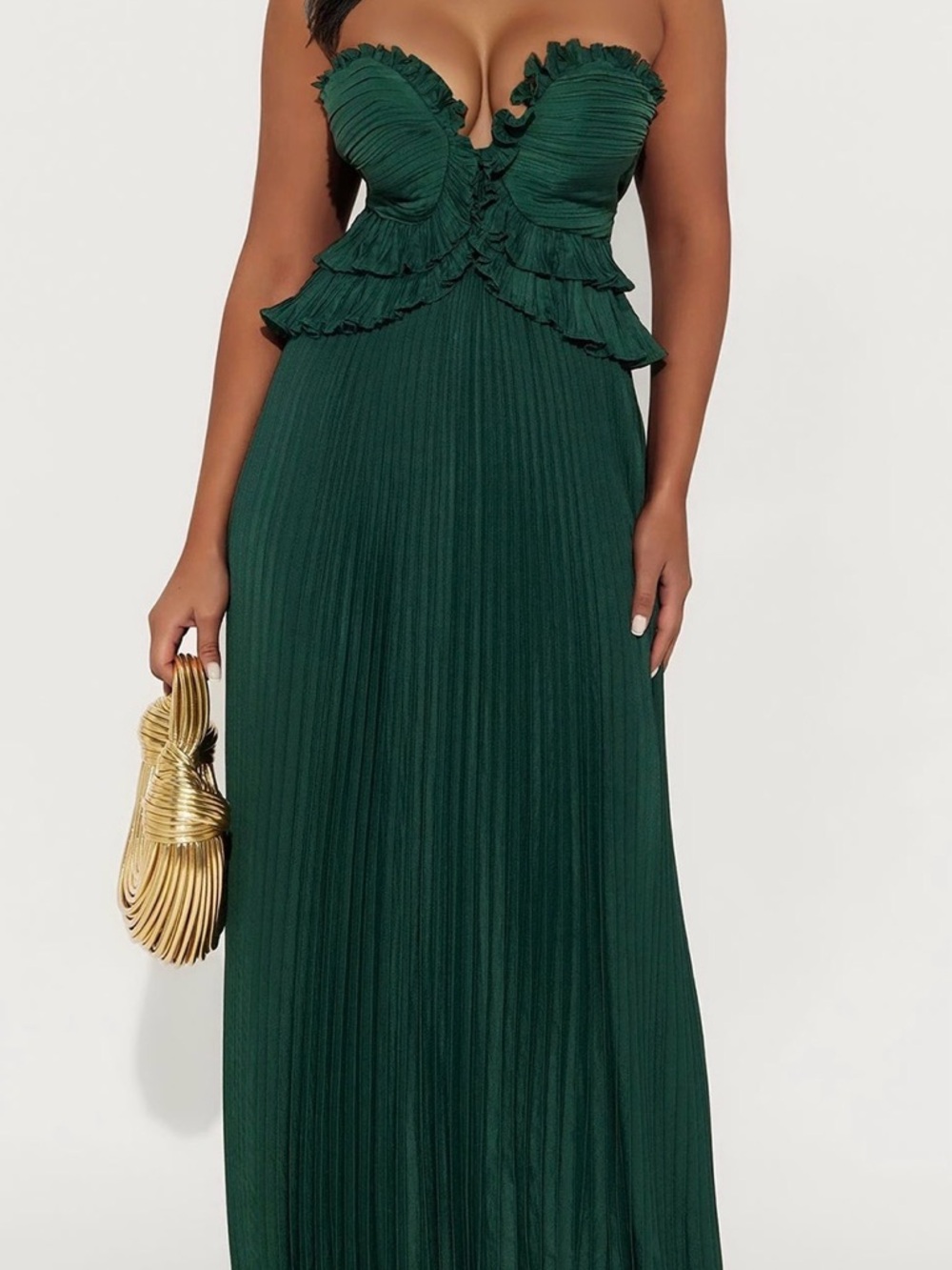 Fashion Nova Dark Green Strapless Ruffle Bust Pleated Maxi Dress